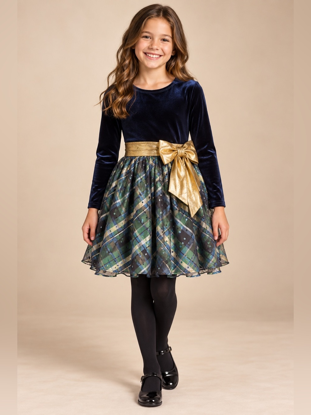 Bonnie Jean Girls 10 Navy Velvet Plaid Party Dress Gold Bow